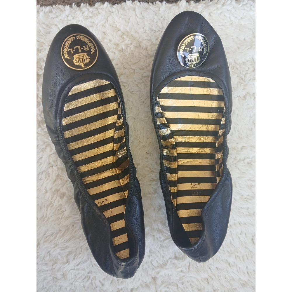 Ralph Lauren Black Leather Logo Medallion Ballet Flats Sz 8B